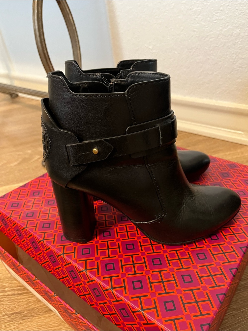 Tory Burch Women's Black Ankle Heeled Boots with Decorative Strap